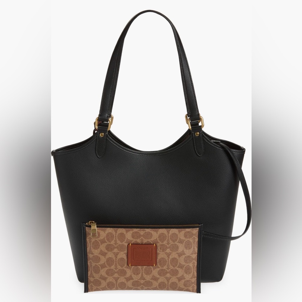 EUC COACH 👛 Black Leather Day Tote with Pouch & Gold Accents